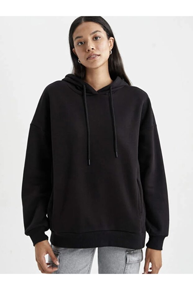 Oversize Basic Kapüşonlu Sweatshirt - 4