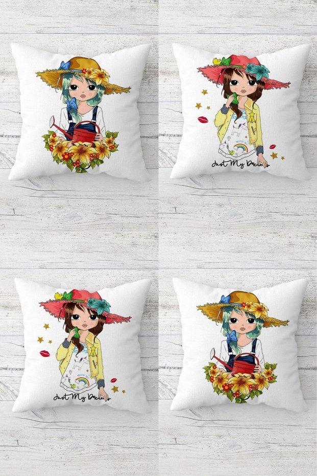 Farmer Girl with Hat and Flowers Hidden Zipper Throw Pillow Cover Seat Pillow Cover Set(4PCS)