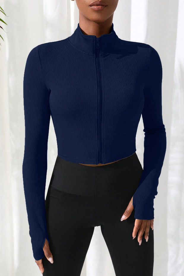 Kadın Lacivert Uzun Kol Fermuarlı Parmak Geçme Detaylı Dik Yaka Crop Top Bluz - 3
