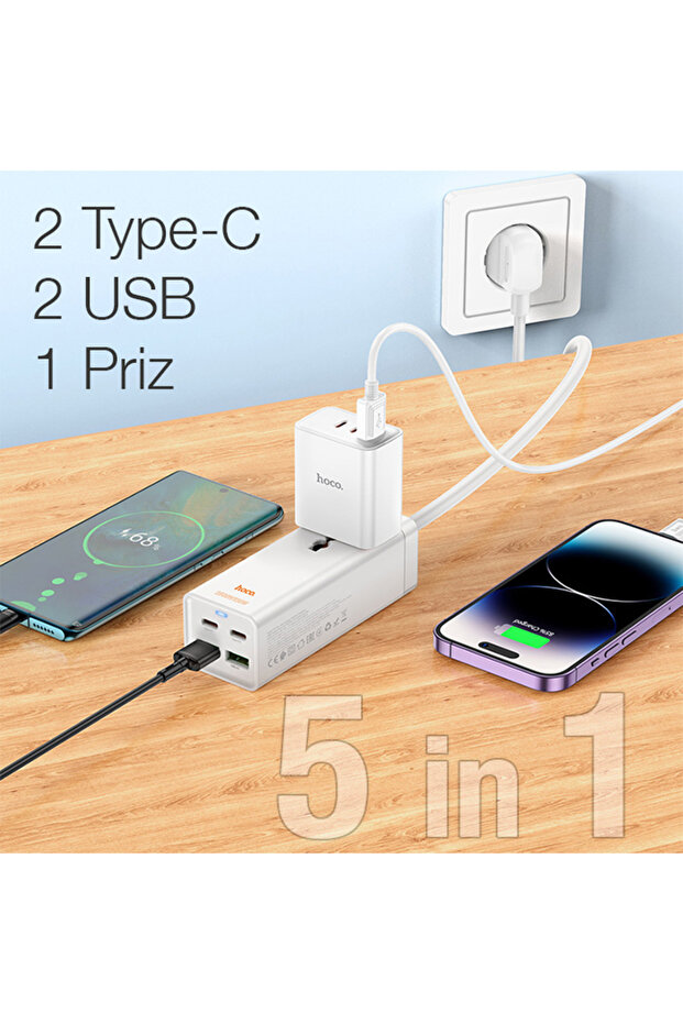 AC10A Barry 65W 2 Type-C + 2 USB+Priz Multifonksiyonel Şarj Aleti BEYAZ - 3