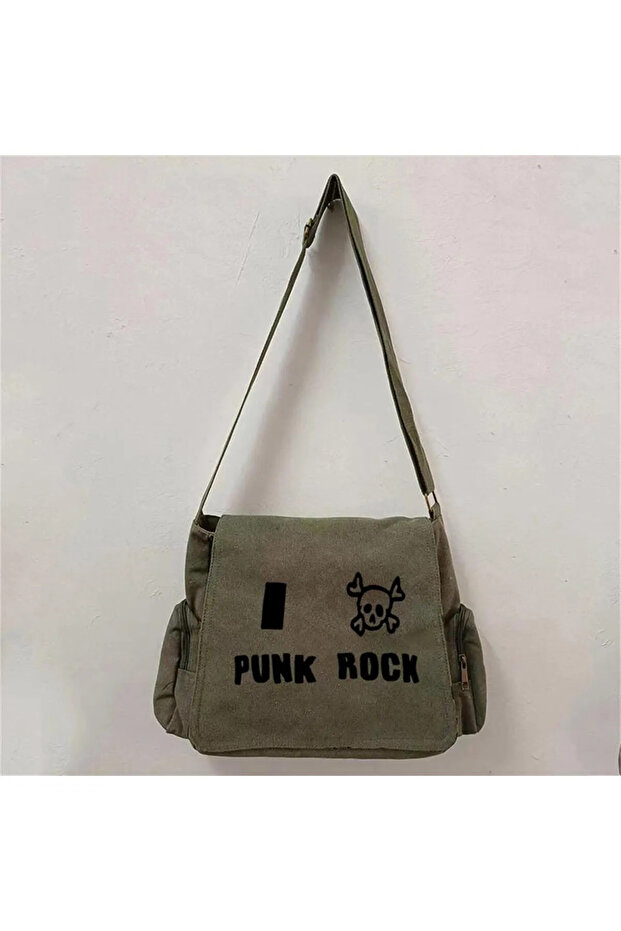 حقيبة ساعي البريد باللون الأخضر للجنسين بطبعة Y2k Punk Rock