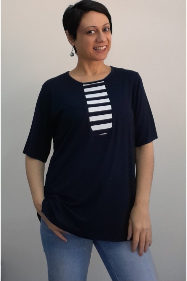 Dark blue, dark blue color block combed cotton Viscose T-shirt