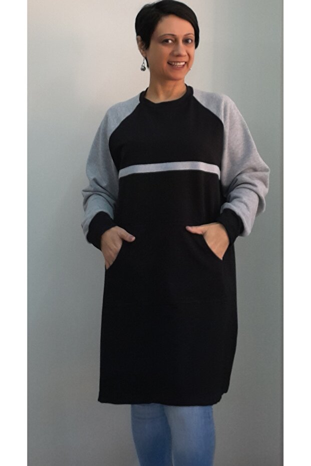 Black 2 thread raised winter gray color block and stripe raglan sleeve kangaroo pocket sweatshirt tunic