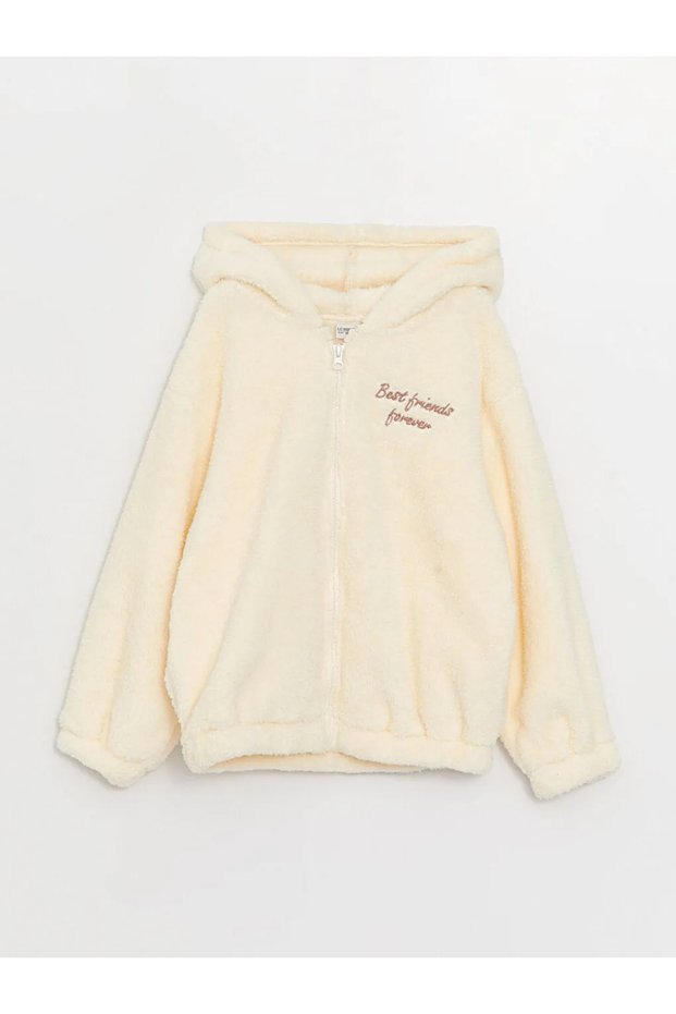 LCW Kids Hooded Embroidered Long Sleeve Plush Girl's Zippered Sweatshirt