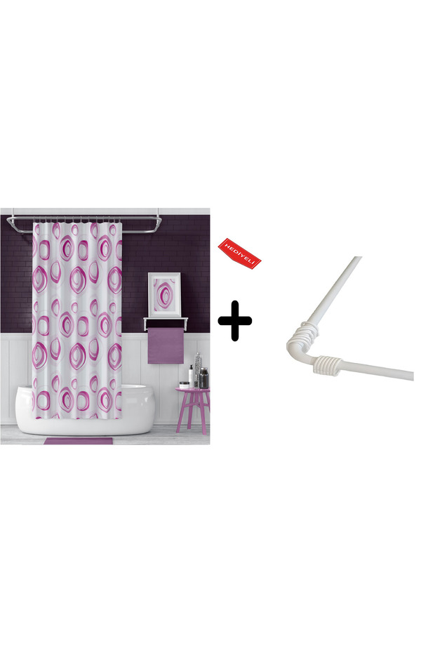 Bathroom Curtain 4954 P 2x110x200, Curtain Pipe Hanger, Corner Pipe White Gift, Shower Curtain Set