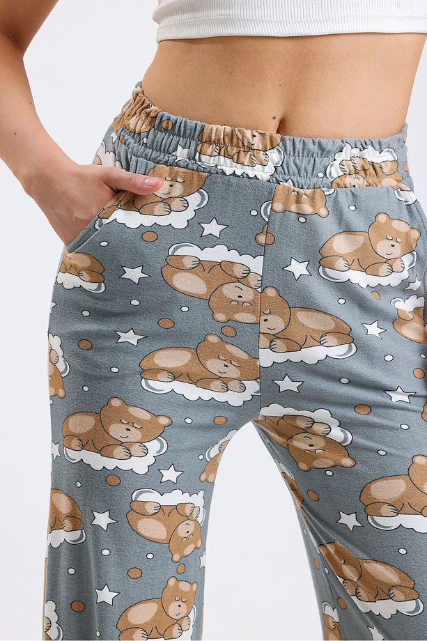Kadın Yüksek Bel Uyuyan Ayı Desenli Yumoş Kumaş Pijama Altı - 4