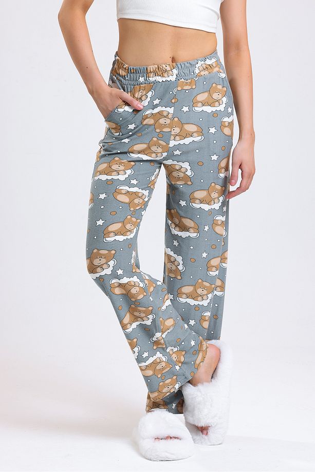 Kadın Yüksek Bel Uyuyan Ayı Desenli Yumoş Kumaş Pijama Altı - 5