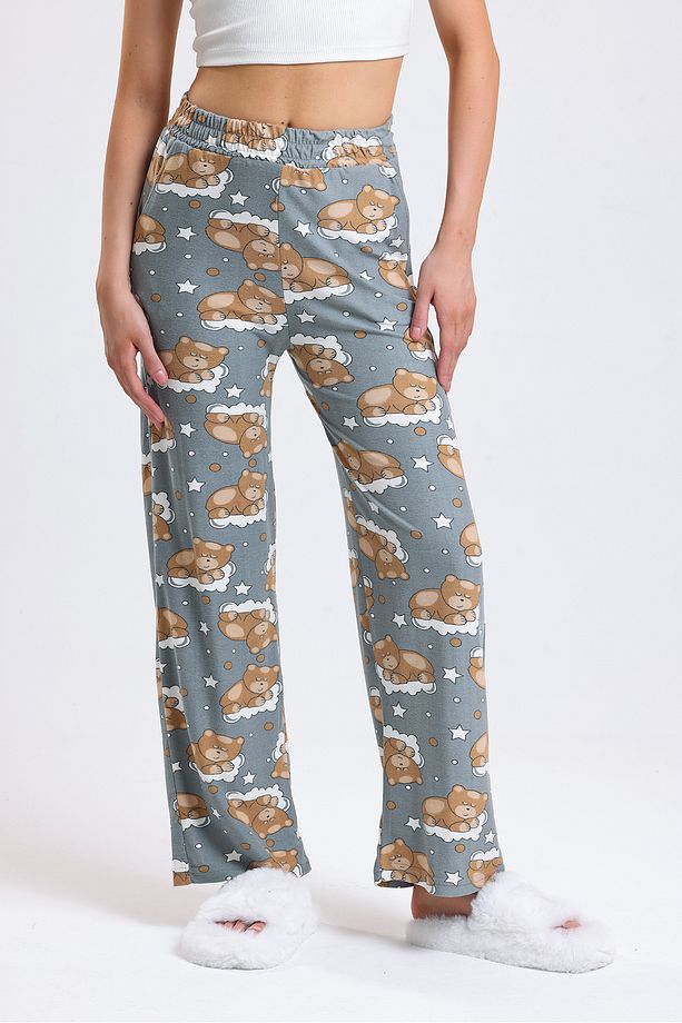 Kadın Yüksek Bel Uyuyan Ayı Desenli Yumoş Kumaş Pijama Altı - 7