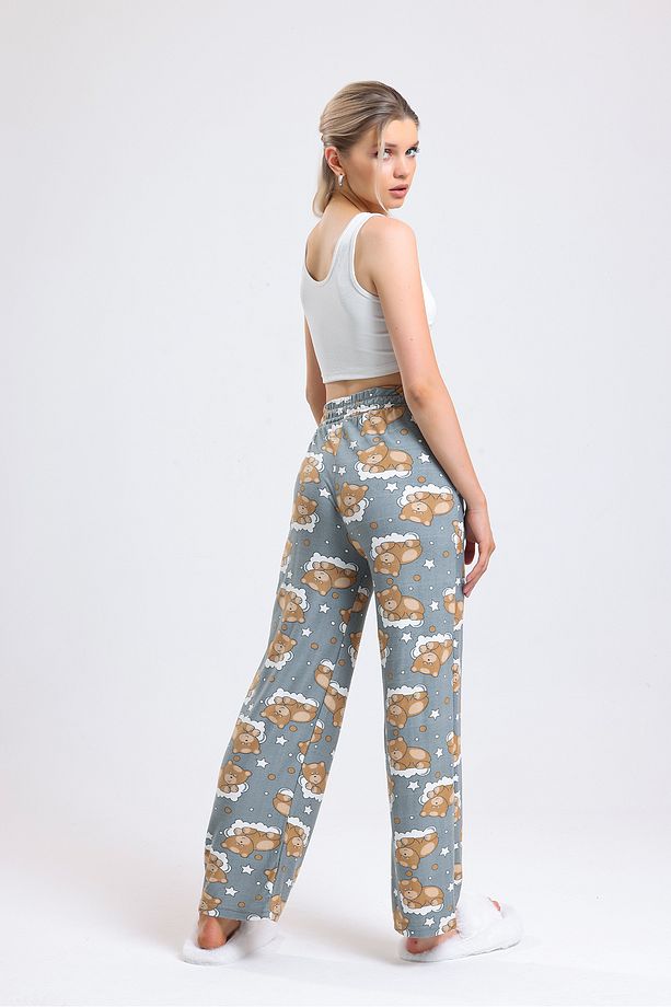 Kadın Yüksek Bel Uyuyan Ayı Desenli Yumoş Kumaş Pijama Altı - 9