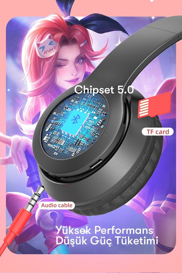 Kablosuz Bluetooth 5.0 Led Işıklı Kedili Şık Kulaklık Hediye Çocuk Oyuncu - 6