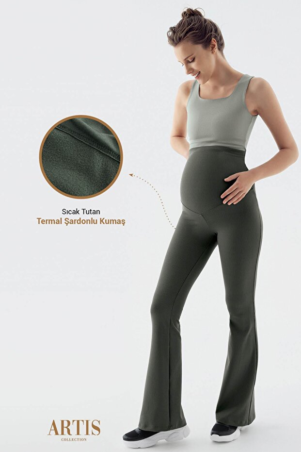 Warm-Keeping Stretchy Waist Adjustable Winter Spanish Leg Maternity Leggings with Thermal Ribbon