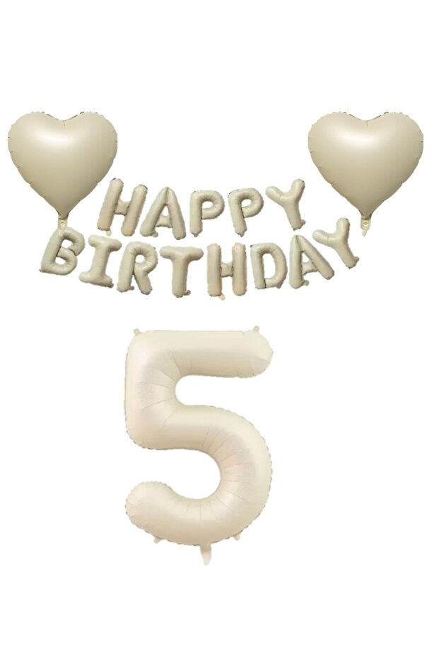 Beige Color Happy Birthday Set Heart and Number Foil Balloon Set for Age 5