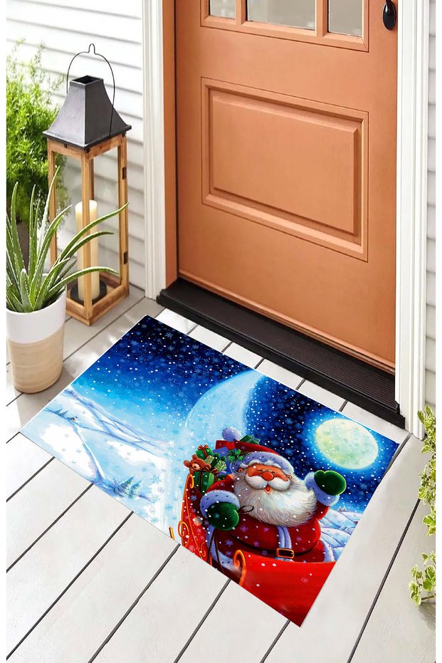 New Year Themed Red and Blue Digital Printed Bath Mat with Santa Claus Figure 50x70