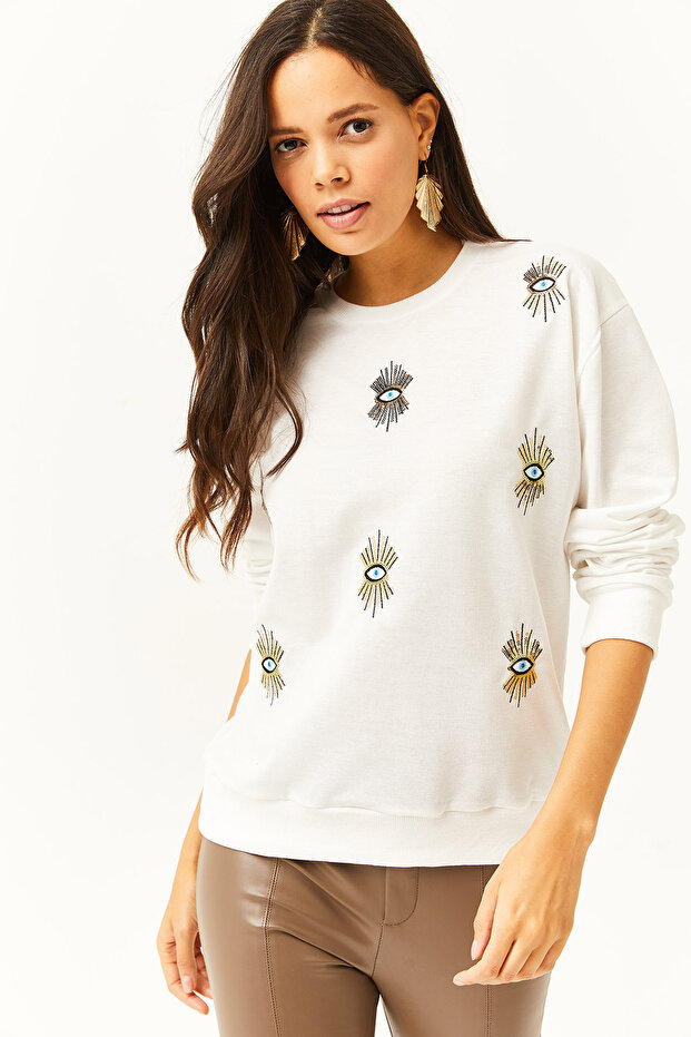 Women's White Eye Embroidered Seasonal Sweatshirt SWT-19000598