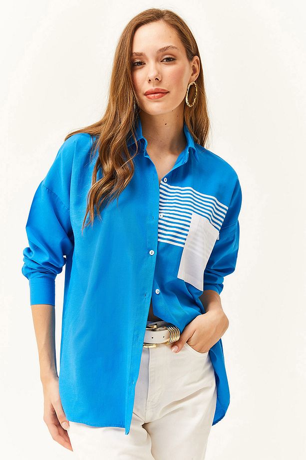 Kadın Saks Mavi Cep Detaylı Oversize Dokuma Gömlek GML-19000978 - 1