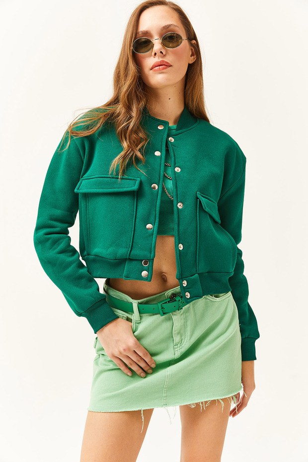 Women's Emerald Green Pocketed Snap Closure Fleece-Lined Cropped Jacket CKT-19000365