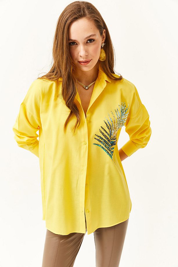 Kadın Sarı Palmiye Pul Detaylı Oversize Dokuma Poplin Gömlek GML-19001016 - 4