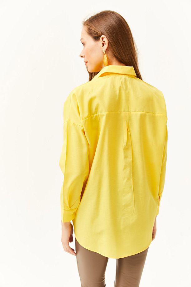Kadın Sarı Palmiye Pul Detaylı Oversize Dokuma Poplin Gömlek GML-19001016 - 5