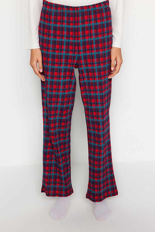 Beyaz %100 Pamuklu Ekoseli Cep Detaylı Örme Pijama Takımı THMAW24PT00228 - 7