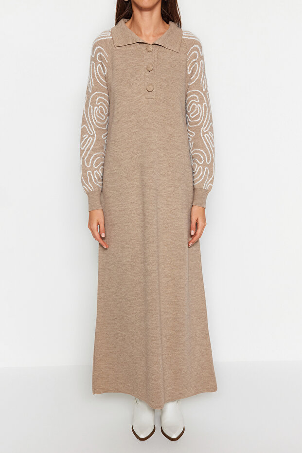 Vizon Polo Yaka Kolları Desenli Triko Elbise TCTAW24EB00129 - 6