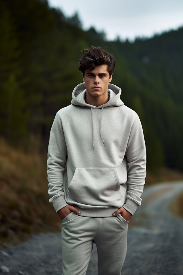 Gri Melanj Regular/Normal Kesim Kapüşonlu İçi Polar/Sıcak Tutan Sweatshirt TMNAW20SW0163 - 2