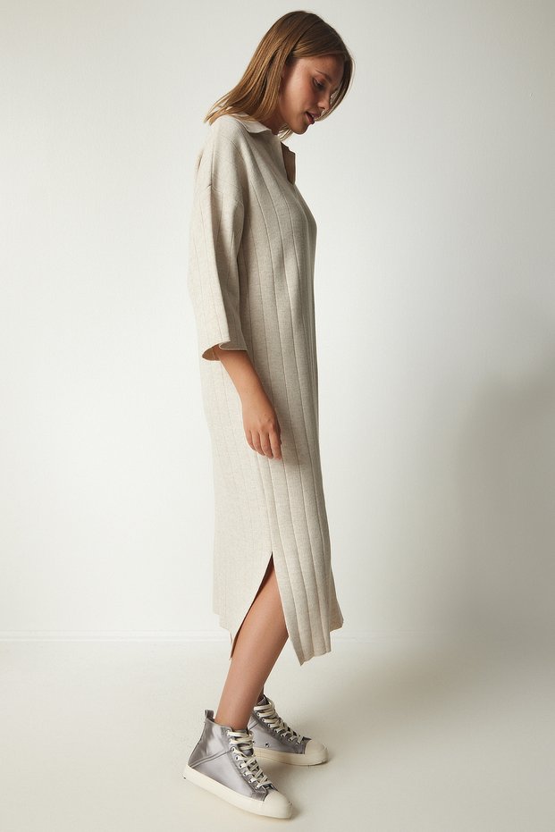 Women's Cream Polo Neck Oversize Knitwear Dress YY00178