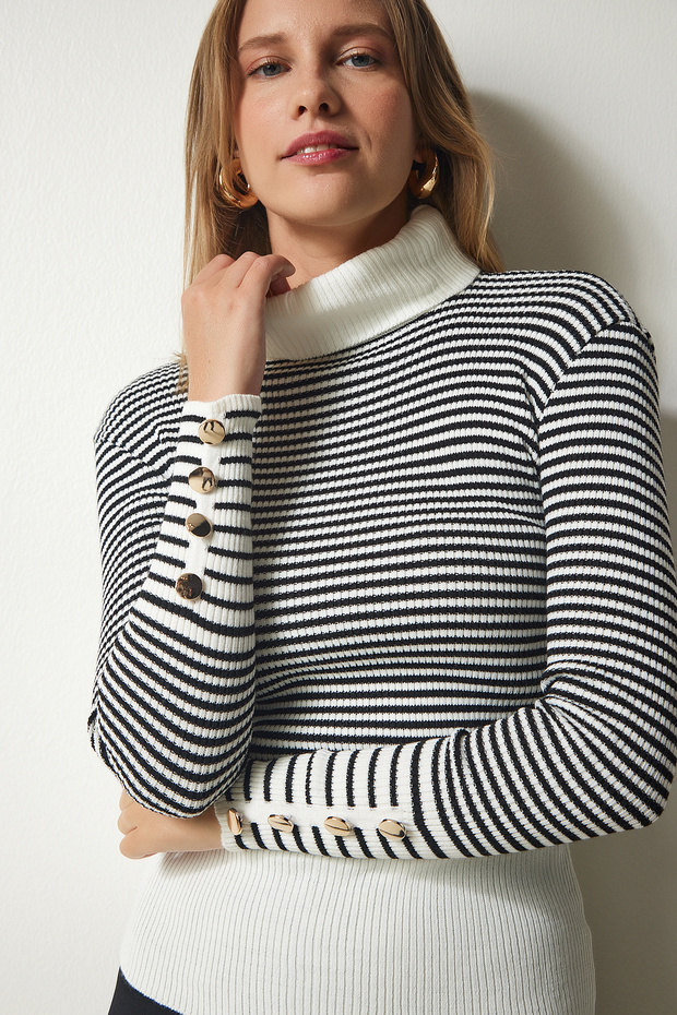 Damski sweter z dzianiny w kolorze ecru, czarny, z golfem i guzikami DD01267 - 2