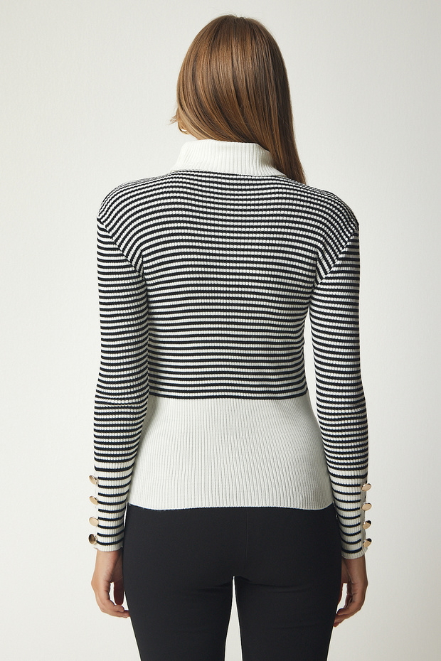 Damski sweter z dzianiny w kolorze ecru, czarny, z golfem i guzikami DD01267 - 5