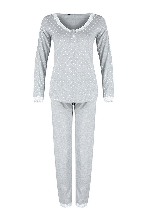 Gri Puantiyeli Dantelli Tshirt-Pantolon Örme Pijama Takımı THMAW24PT00182 - 8