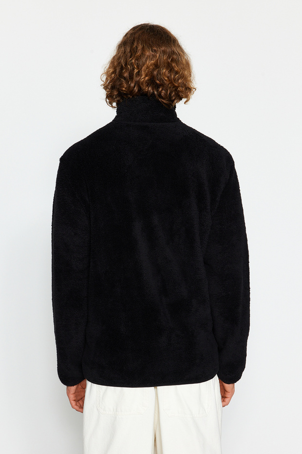 Siyah Unisex Regular/Normal Kesim Dik Yaka Fermuarlı Peluş Hırka-Sweatshirt TMNAW24SW00089 - 7