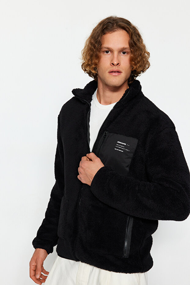 Siyah Unisex Regular/Normal Kesim Dik Yaka Fermuarlı Peluş Hırka-Sweatshirt TMNAW24SW00089 - 4
