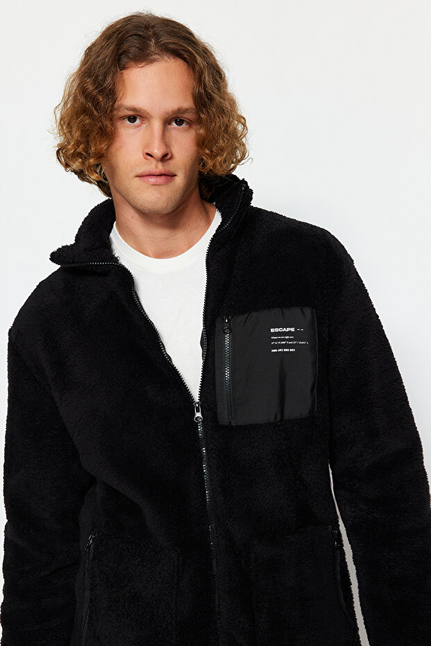 Siyah Unisex Regular/Normal Kesim Dik Yaka Fermuarlı Peluş Hırka-Sweatshirt TMNAW24SW00089 - 5
