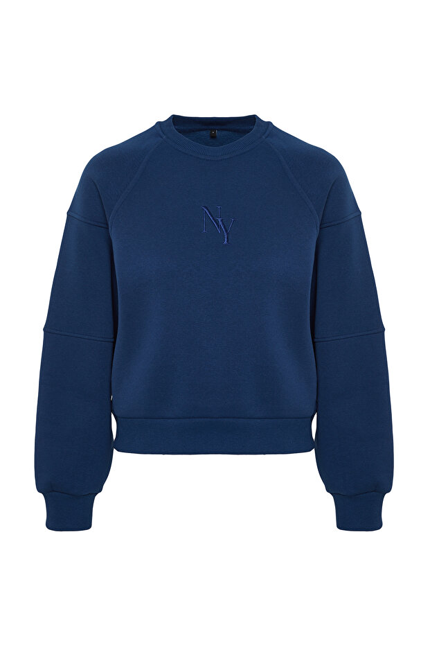 Indigo Bisiklet Yaka Regular Fit Nakışlı Kalın İçi Polarlı Örme Sweatshirt TWOAW24SW00199 - 7