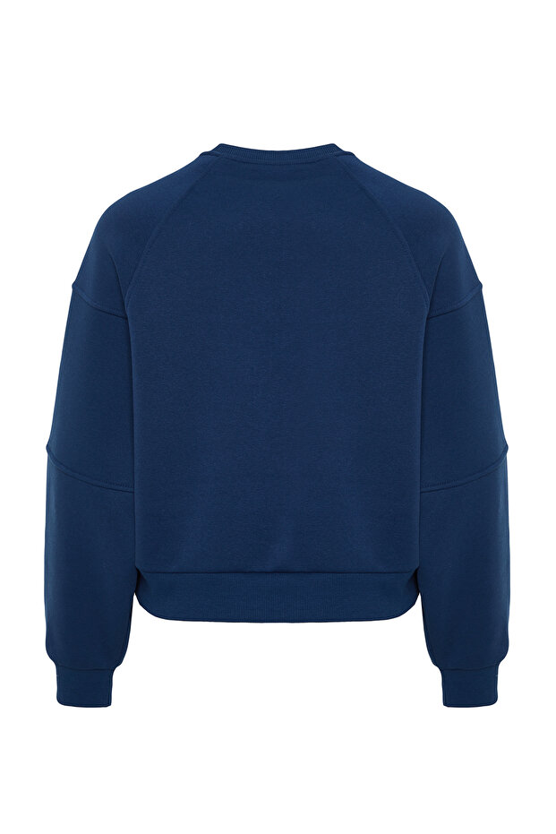 Indigo Bisiklet Yaka Regular Fit Nakışlı Kalın İçi Polarlı Örme Sweatshirt TWOAW24SW00199 - 8