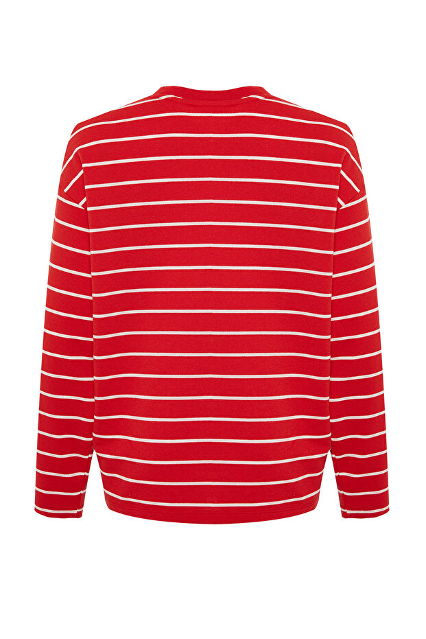 Kırmızı Çizgili Oversize/Geniş Kesim Bisiklet Yaka İnce Örme Sweatshirt TWOAW23SW00326 - 11