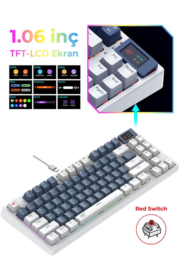 Gamenote Kb884l Rgb Mekanik Klavye 1.06inç Tft-lcd Ekran - Red Switch - 2
