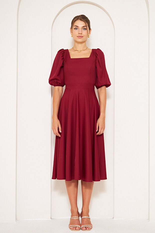 Flexibilní látka čtvercový výstřih Krátký rukáv Midi Délka Rozšířené Velké Vínové večerní šaty 420 - 3