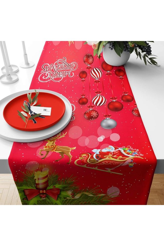 Deer And Santa Claus Merry Christmas Stain Resistant Fabric Runner
