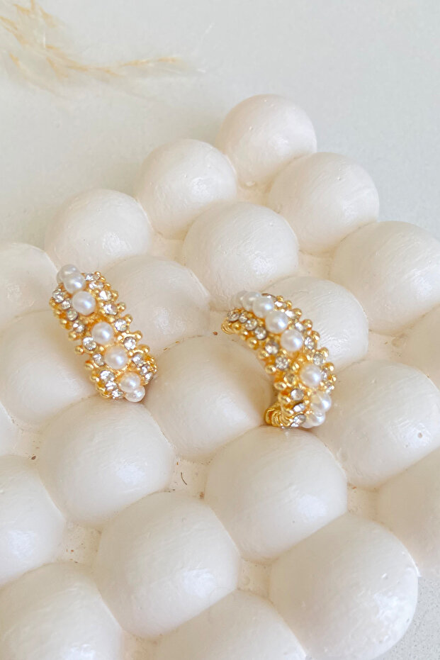 Bead Detailed Zircon Stone Hoop Earrings