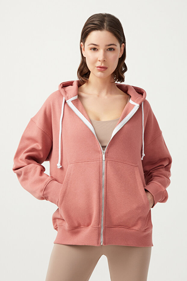 Women's Dusty Rose White Hooded Oversize Ribbed Zippered Knitted Sweatshirt Zip-up