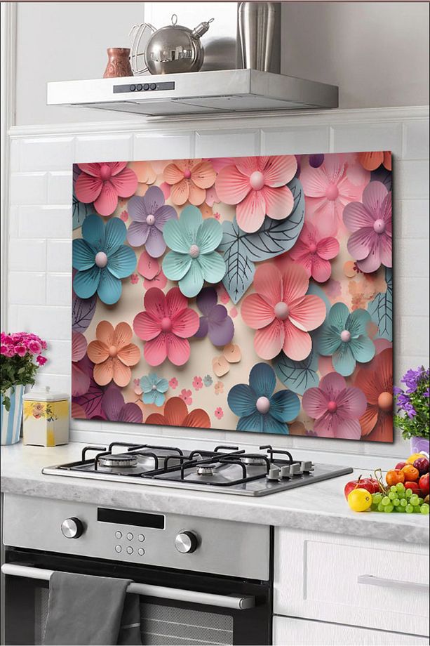 Cam Ocak Arkası Koruyucu Tezgah Ankastre Arkası Koruyucu 60x52 cm | Renkli Çiçekler - 1
