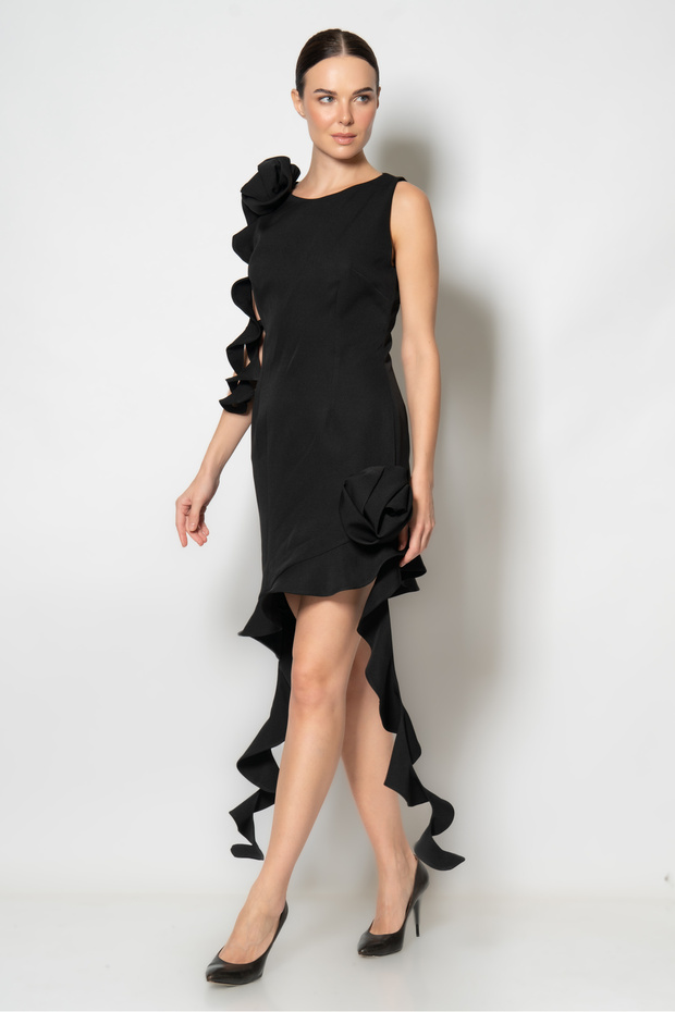 Omzu ve etek ucu gül detaylı krep kısa abiye elbise - 2