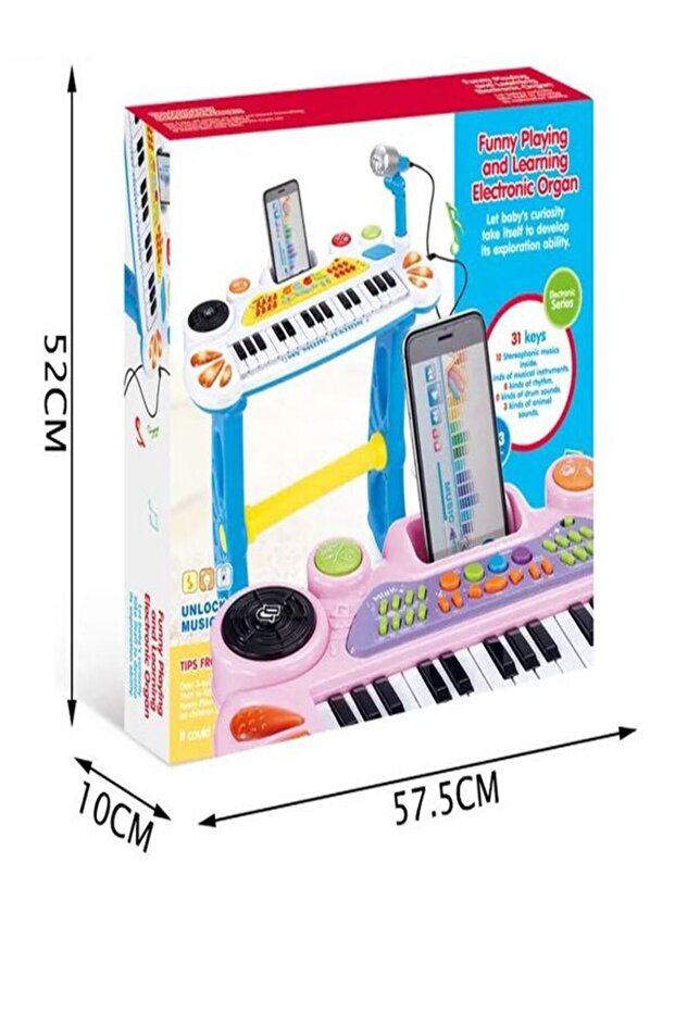 Oyuncak Mikrofonlu Tabureli Org 31 Tuşlu Işıklı (Pembe - Mavi) - 5