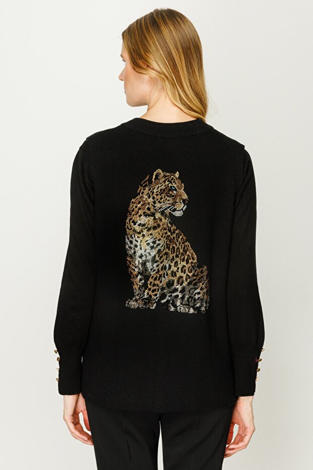 Önü Taş Baskılı Triko Yelek - 4