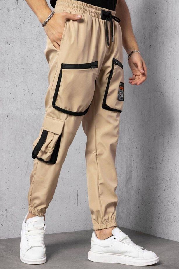 Bej Cep ve Şerit Aksesuarlı Paraşüt Kumaş Jogger Pantolon - 5