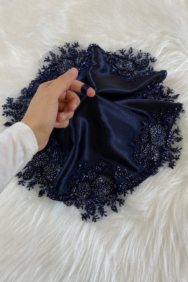 Navy Blue Bride Groom Halay Handkerchief, Satin Vip Applique, Henna Night Wedding Bridesmaid Circumcision Promise Engagement