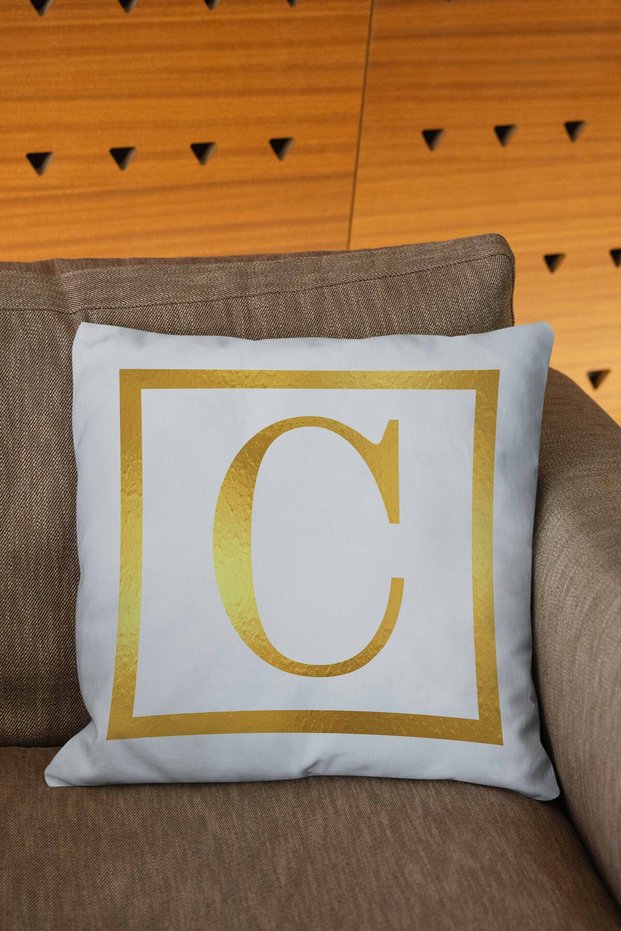 White Gold Colored Letter Digital Printed Throw Pillow Cover