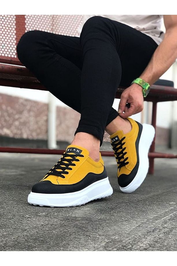 P507 Bağcıklı Yüksek/Kalın Ortopedik Taban Erkek Spor Sneaker Ayakkabı BT Sarı/Siyah - 2