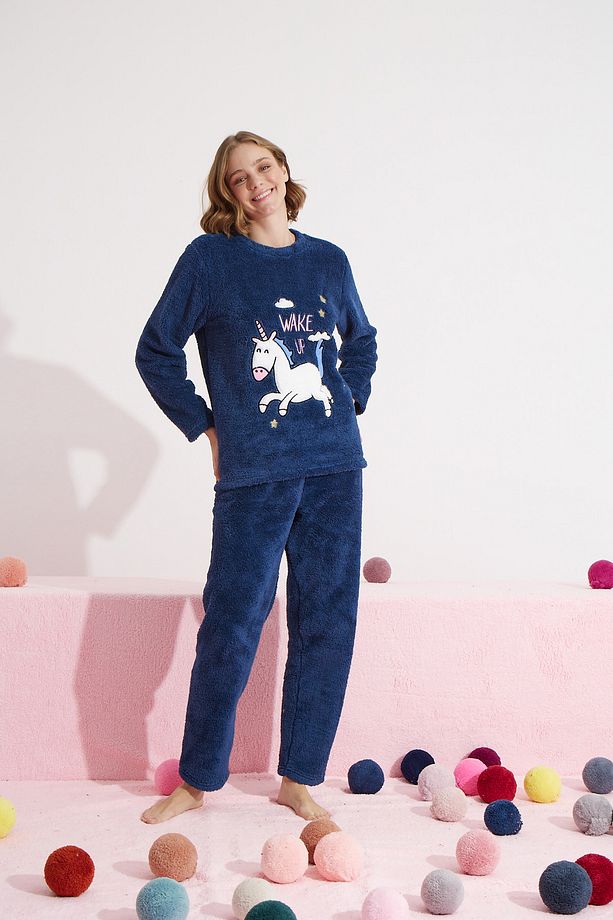 lacivert Alt-Üst Wellsoft Nakışlı Pijama Takım - 2
