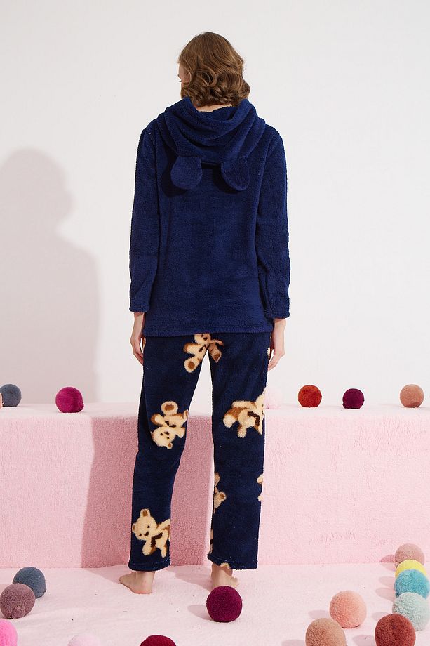 lacivert Alt-Üst Wellsoft Kapişonlu Pijama Takım - 4